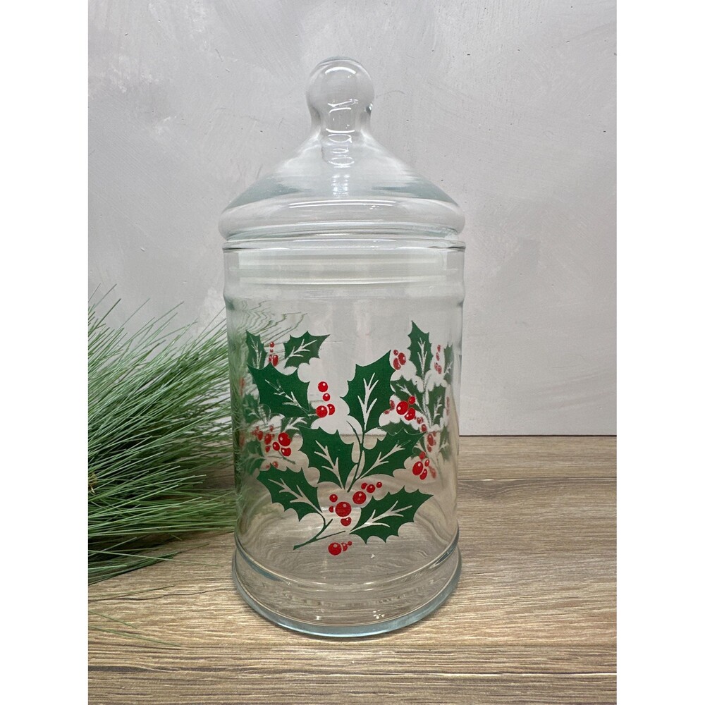 Large Indiana Glass Holly and Berries Christmas Lidded Treat Candy Jar Canister